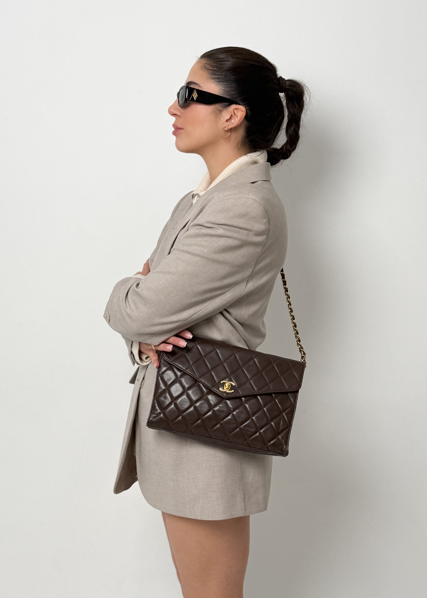 Chanel Lambskin Shoulder Bag Brown